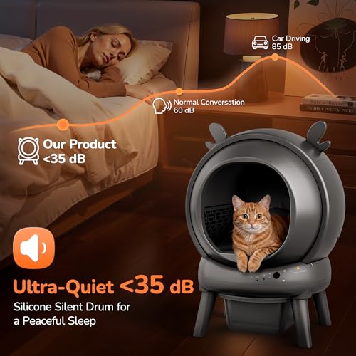 Automatic Self Cleaning Litter Box, Cat Litter Box, Robot Litter Box | APP Control, 65L Globe, Dual Safety Sensors, 1 Roll Garbage Bags, Litter Mat, <35DB, Grey