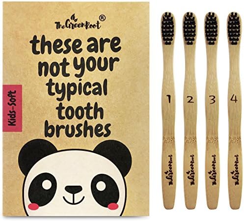 Natural Charcoal Bamboo Toothbrushes (Pack of 4) for Kids with Soft Bio-Based Nylon Bristles - Individually Packed & Numbered, Organic Compostable Plastic Free Packaging