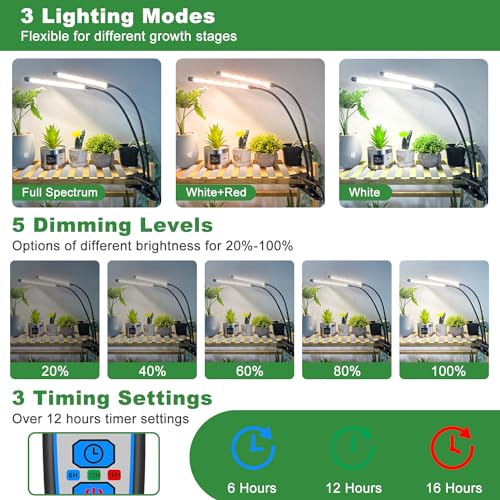 Wolezek Plant Lamp LED, Full Spectrum Grow Lights for Plants, 6000 K Plant Light for Indoor Plants, Plant Light, Grow Light with 5 Levels Dimmable, 6/12/16H Auto Timer