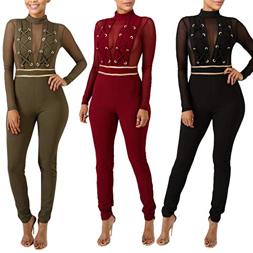 ThusFar Womens Long Sleeve Bodycon Jumpsuits - Sexy Mesh Patchwork Lace Up Romper Army Green Small