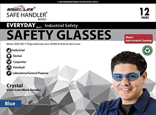 SAFE HANDLER Protective Safety Glasses, Blue Polycarbonate Impact and Ballistic Resistant Lens - Black Temple (Box of 12)