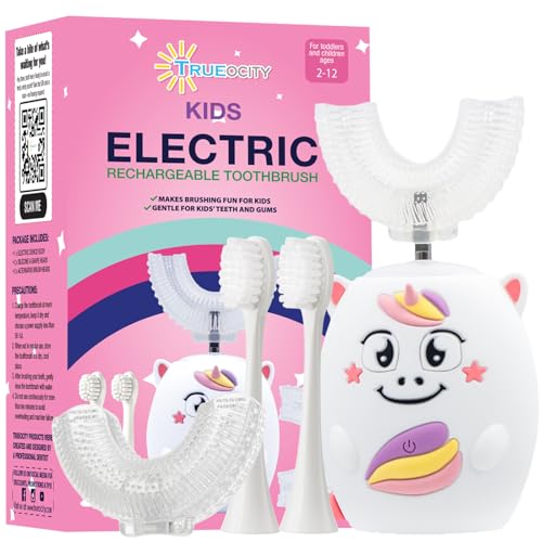 Trueocity Kids U Shape Toothbrush Auto Electric Toddler Rechargeable Kids Automatic Toothbrush | 360° U-Shaped Silicone Brush Head | Gentle Cleaning for Ages 2–7 | Unicorn Design (Pink)