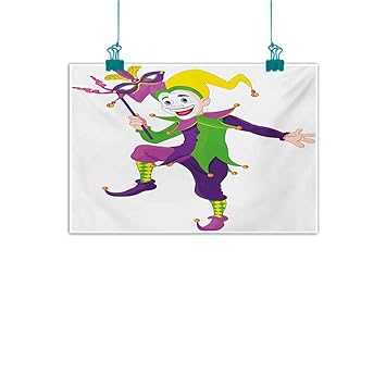 Amazon Com Modern Frameless Painting Mardi Gras Cartoon Style Jester In Iconic Costume With Mask Happy Dancing Party Figure Bedroom Bedside Painting W20 Xl16 Multicolor Paintings