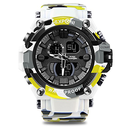 Men's Watch Sports Watch Analog Digital Wrist Watch Dual Quartz Movement Military Time Water Resistant with Back Light-White Camouflage Band