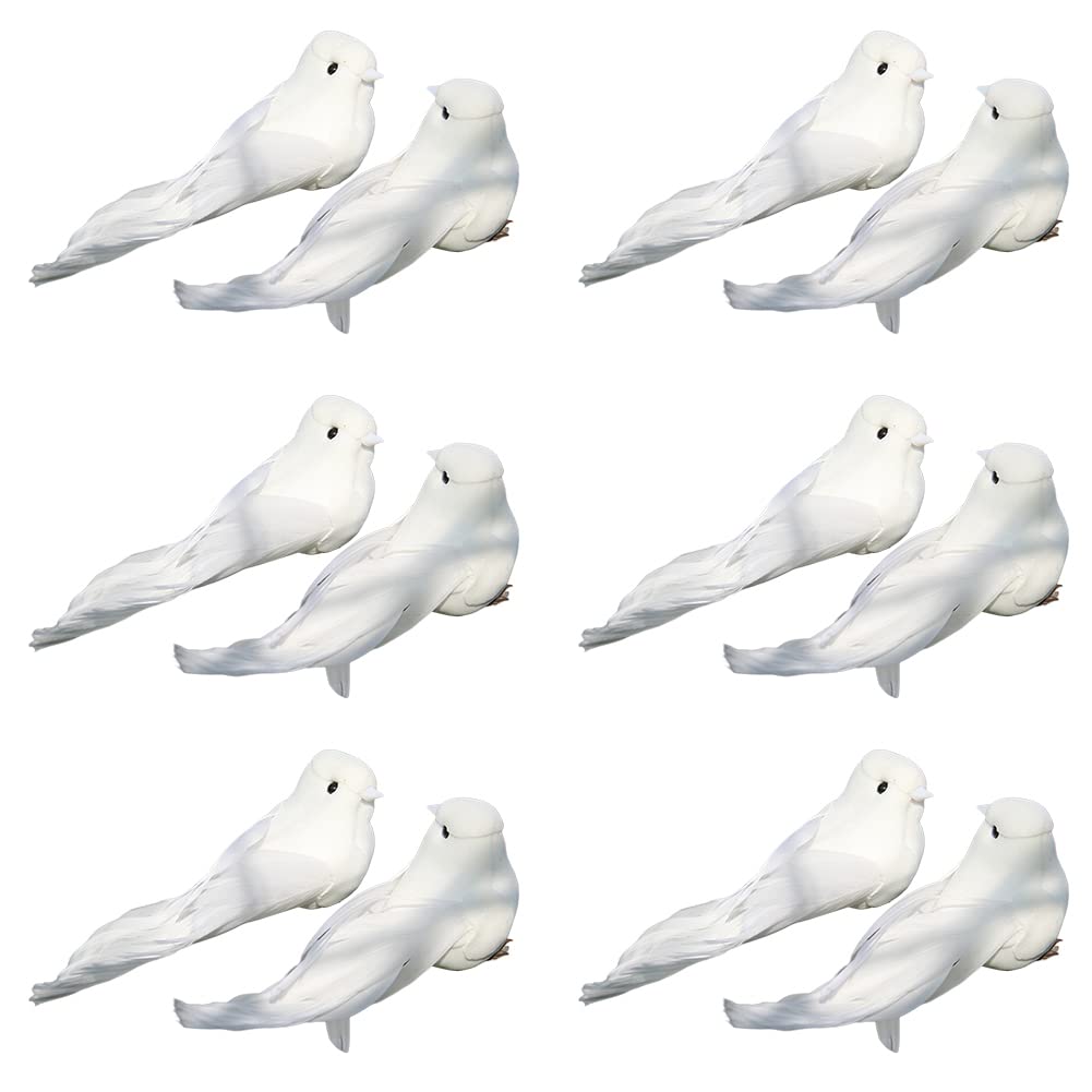 ISAKEN 12 Pcs Fake White Birds with Feather Decorative Artificial Doves Birds Fake Doves Artificia Bird Realistic Dove Crafts Ornaments for DIY Craft Home Ornaments Garden Wedding Decorative