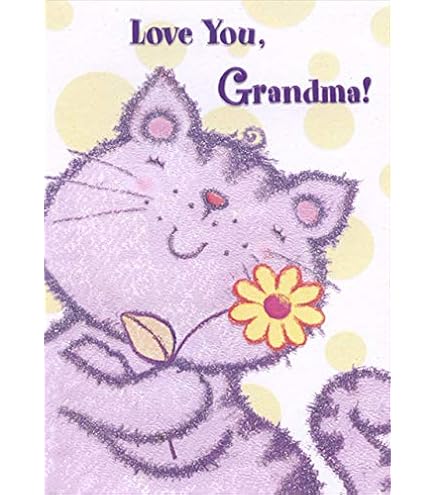Grandma Birthday Card From Kids - Purple Cat Hugging Flower Juvenile Design