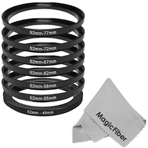 (7 Pieces) Goja 52MM Adapter Ring Set - Includes: 52mm Lens to 49mm, 55mm, 58mm, 62mm, 67mm, 72mm, 77mm Accessory Adapter Rings + MagicFiber Microfiber Lens Cleaning Cloth