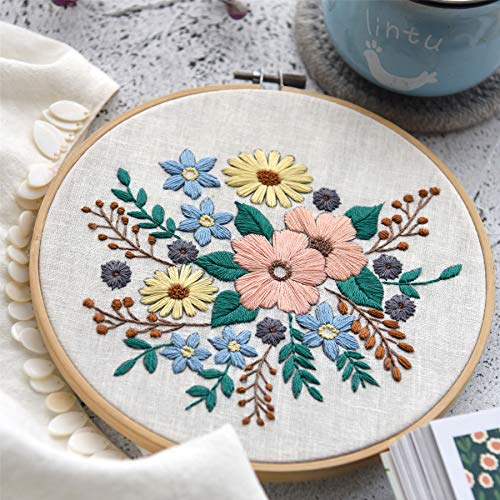 Full Range of Embroidery Starter Kit with Pattern,UNIME Cross Stitch Kit Including Embroidery Cloth with Plant Pattern, Bamboo Embroidery Hoop, Color Threads and Tools Kit (Flowers)