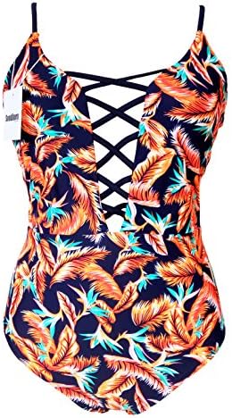 Sondiborn Swimwear Women's One Piece Criss Cross Front Swimsuit Solid Color Floral Print Monokini (L, Print #20)