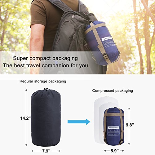 SONGMICS Sleeping Bag with Hood for 20℉-50℉, Lightweight Portable with Compression Sack, for 3 Season Traveling, Camping, Hiking, Backpacking, Outdoor Activities