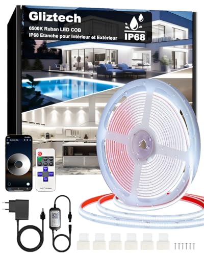IP68 Waterproof Cob LED Strip, 2700K Warm White LED Strip, Power Supply 24V Led Cob Application and Remote Control for Front Roof, Garden, Terrace, Kitchen, Bathroom (7M-6500K)