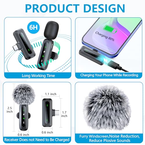 Mini Microphone for iPhone, iPad, Android Phone, 2 Pack Wireless Lavalier Microphone with Noise Reduction, Plug-Play Wireless Mic for Video Recording, Interview, YouTube, TikTok