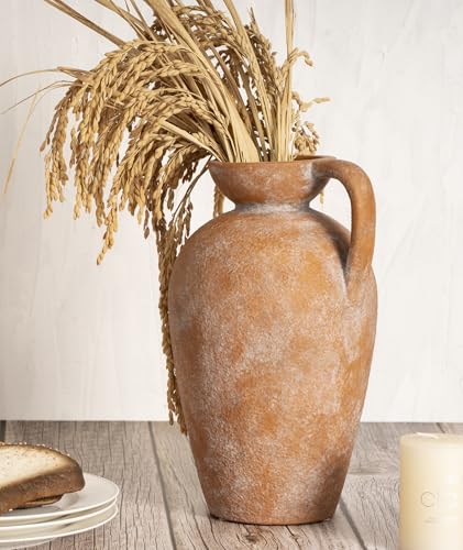 Terracotta Vase with Handle, Boho Farmhouse Ceramic Pottery, 10inch Vintage Antique Decorative Vases for Flowers, Centerpieces, Living Room.