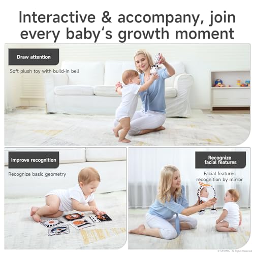 TUMAMA Black and White Baby Toys, High Contrast Tummy Time, Newborn Soft Books Mirror Rattles, Montessori Sensory 0-12 Months, Hanging Infant for Carseat Stroller Play Mat Crib