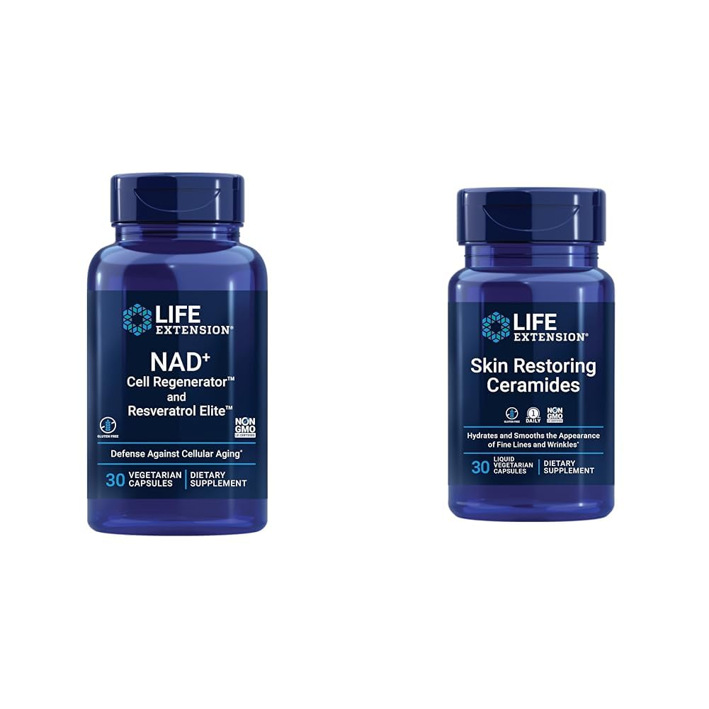 Life Extension NAD+ Cell Regenerator, Resveratrol Elite, Ceramides for Skin Hydration, Fine Lines, 30 Capsules Image