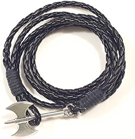 Braided Leather Battle Axe Wrap Bracelet or Pendant Necklace, Genuine Leather Cord, with Steel Double Bit Axe Clasp (Black)