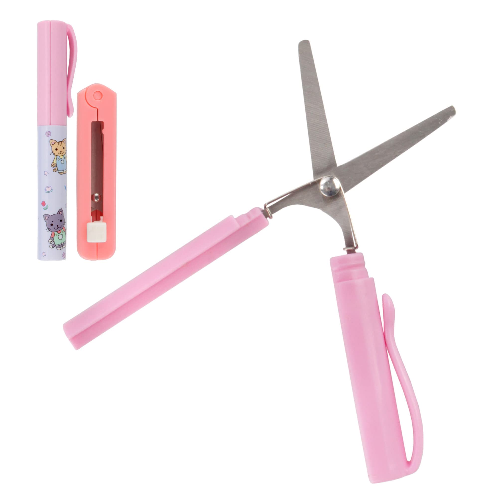 Compact Scissors Set - Pen and Push Portable Scissors - Garden Kitty & Pink - 1 Pair Each