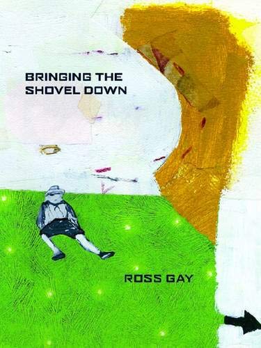 The cover of Bringing The Shovel Down. There is a drawing of a person dressed in all grey sitting on green grass, which covers the bottom half of the image. There is a pale blue sky behind them, and a large brown cliff-like thing on the right side.