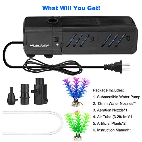 ZEETOON Submersible Water Pump Aquarium Air Pump Fish Tank Filters Aerator Multifunction Quiet Adjustable, 3.2ft High Lift 210 GPH (800L/H 8W) with 2 Nozzle 1 Boost Oxygen Hose 2 Artificial Plants - Thumbnail 6