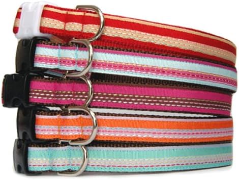 Stripe dog collar :Stripe with multi colored top stitch ribbon pet collar. From the top,(Red)(Powder blue / pink) (Ruby pink / mocha) (Orange) (Aqua blue) for puppy, small dogs to large dogs. Handcrafted and made in the USA.