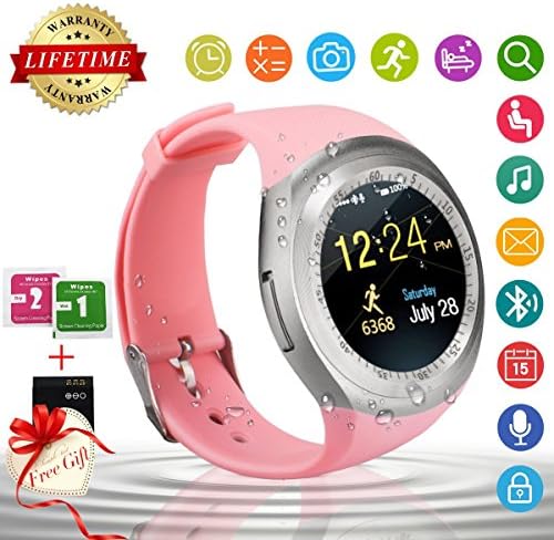 Bluetooth Smart Watch With Camera Touch Screen Smartwatch Unlocked Smart Wrist Watch With Sim Card Slot Fitness Tracker For Android Smartphone Samsung IOS Apple Iphone 7 8 X Sony Men Women (Y1-Pink)