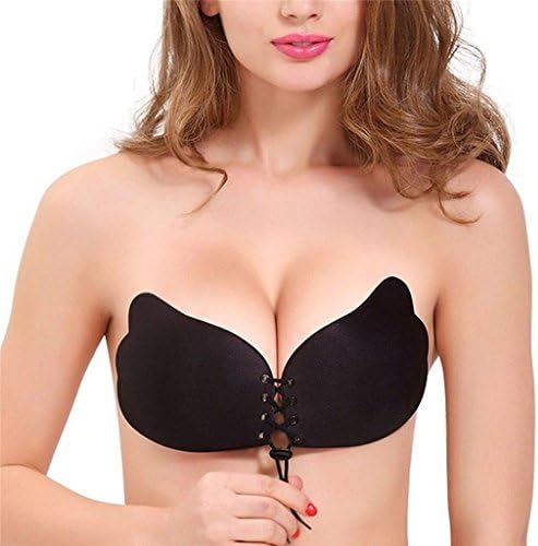 Croppycute Women Usable Invisible Magic Strapless Bra Self Adhesive Push Up With Drawstring Backless Silicone Bras (A, Black)