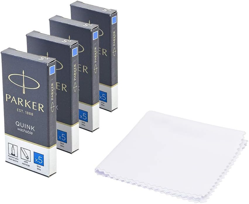 Parker Quink Fountain Pen Refills, Long Cartridges Washable Blue Ink, Pack of 20 with Polishing Cloth, 20 Count (Pack of 1)