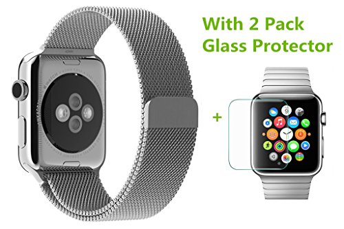 KingCool Apple Watch Band with Glass Screen Protector Mesh Replacement Milanese Loop Stainless Steel Bracelet Strap Wrist Band for Apple Watch Sport&Edition 42mm(Silver)