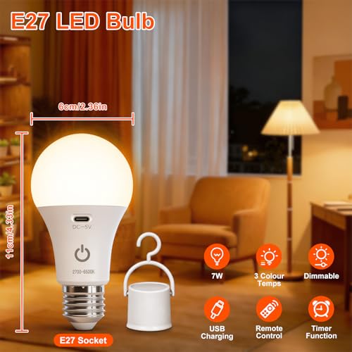 Ketom Remote Control Light Bulb E27 Rechargeable Bulb with Timer | 7 W rechargeable LED lamps, 3 colours and dimmable, touch control, pack of 2 wireless decorative lamp bulbs, emergency light