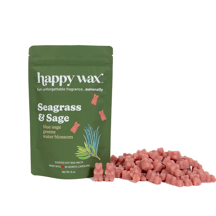 Happy Wax Seagrass & Sage Scented Bear Wax Melts - Natural Strong Scented Summer Wax Melts Infused w/Essential Oils - Non Toxic Wax Melt & Pet Safe Wax Melts - (4 oz Tin)