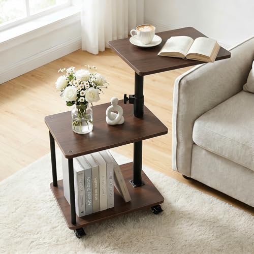 Bingyouth Side Table with Wheels 360° Swivel Tray Adjustable Height 47-71 cm Rolling Table Walnut End of Sofa with Storage Space Mobile Side Table for Living Room and Bedroom