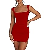 SHESEEWORLD Women's Sexy Summer Sleeveless Tie Waist Back Square Neck Backless Slit Hem Ruched Bodycon Mini Tank Dress