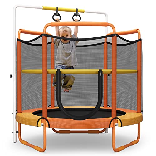 Goplus 60 Inch Kids Trampoline with Safety Enclosure Net, 330 LBS 3-in-1 Mini Trampoline w/Swinging Rings, Adjustable Horizontal Bar, 5 FT Indoor Outdoor Toddler Recreational Trampoline