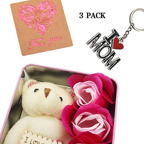 Forever Bath Soap Rose Flower with Cute Teddy Bear,Key Chain and Small Greeting Cards for Birthday Gift Anniversary Gift Thanksgiving Gift Mother's Day Gifts (Pink)