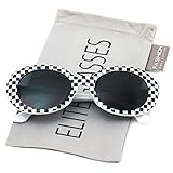 Elite NIRVANA Kurt Cobain Oval Bold Vintage Sunglasses For Women Men Eyewear - Checkered Frame Black Lens (Checkered White, 65)