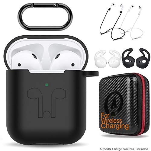 2019 New AirPods Case 7 in 1 Accessories for Airpods 2/Airpods New competible with Wireless Charging Function Accessories Protective Cover Included Ear Hook Grips Staps Clips/Skin/Tips/Grips Black