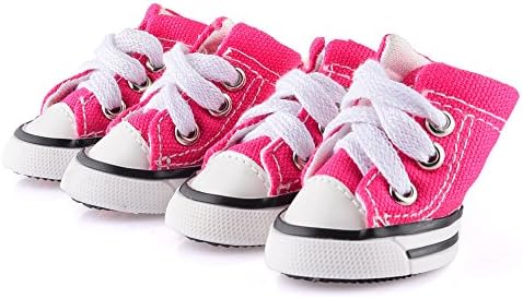 Rainbowee 4Pcs Casual Non-slip Pet Rubber Boots Lace-up Dog Puppy Sneaker Canvas Sport Shoes