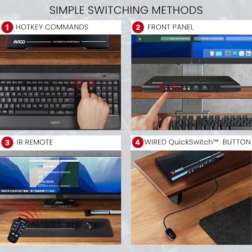 Avico Dual Monitor KVM Switch 2 Computers 2 Monitors- HDMI 2.0 & USB 3.0-EDID Emulation-4K@60Hz, 1440p@144Hz, 1080p@240Hz - Compatible with Laptops, Desktops, Windows,Mac OS M1/M2/M3, Linux, Ubuntu