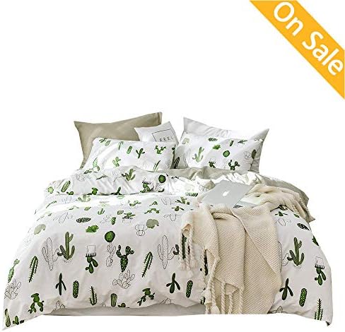 【Newest Arrival】Comforter Cover Queen Duvet Cover for Kids Cactus Duvet Cover Queen Cartoon Duvet Cover Cotton 3 Pieces Plaid Cute Plant Comforter Cover Full Bedding Collection, NO Comforter NO Sheet