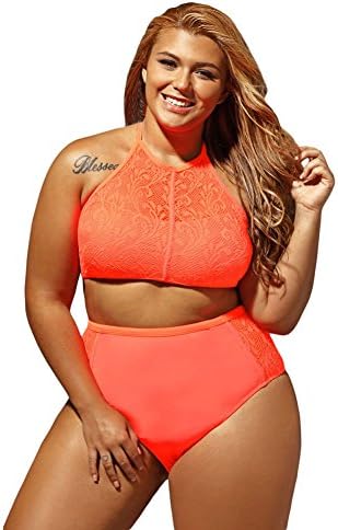 Zeffimore Women's Plus Size Mesh Hig-neck High Waist Bikini Sets Swimsuit Swimwear (X-Large, Orange)