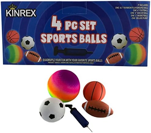 KINREX Sport Balls Set of 4 - Kids Toy Balls for Boys, Girls, & Toddlers - 8.5" Rainbow Playground Ball, 6" Football, 5" Soccer, & 5" Basketball