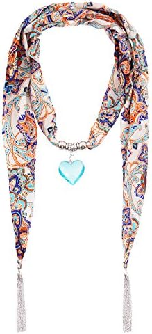 LERDU Gift Idea Paisley Skinny Scarf Necklace for Women Indian Bohemian Long Heart Pendant jewelry Accessories Ladies,Blue Paisley / Blue Heart,65" x 4"