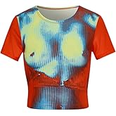 CAPE CLIQUE Women Sexy Summer Round Neck Y2k Tie Dye Tank Top Short Sleeves Bodycon Printed Blouse