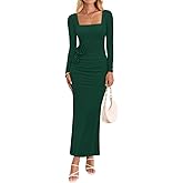 ZESICA Women's Spring Long Sleeve Bodycon Maxi Dresses 2026 Elegant Square Neck Ruched Wedding Guests Cocktail Party Dress