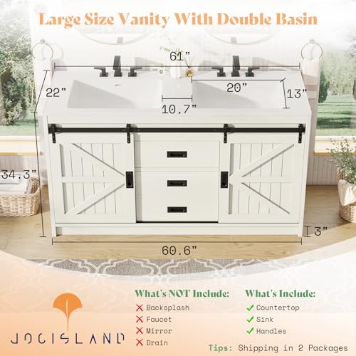 Jocisland Double Farmhouse Bathroom Vanity with Sink, 61in Sliding Barn Door Bathroom Storage Cabinet with Sliding Doors & Drawers, Dual Basin, Large Double Bath Vanity Sink Combo, White