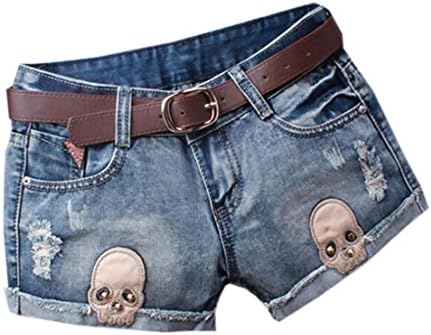 Domple Womens Casual Low Rise Skull Ripped Denim Shorts Jeans