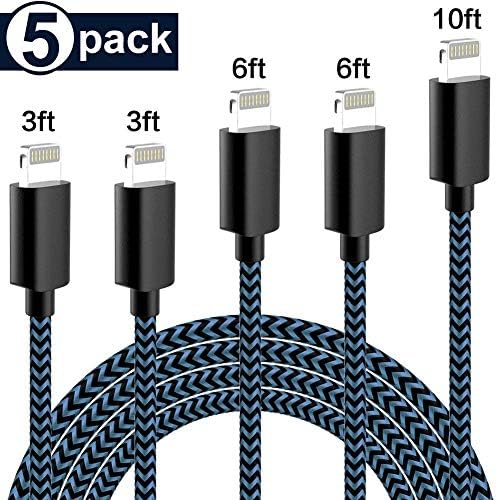 MFi Certified Phone Charger Cable 5-Pack【 3FT/3FT/6FT/6FT/10FT】 Extra Long Nylon Braided Fast Charging& Syncing Cord Compatible with iPhone XS/MAX/XR/X/8/8/Plus/7/7 plus/6s/ 6s Plus-Black and Blue