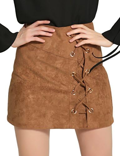 Lztlylzt Women's Faux Suedette Strap Design Plain A-line Mini Skirt(M,Khaki)