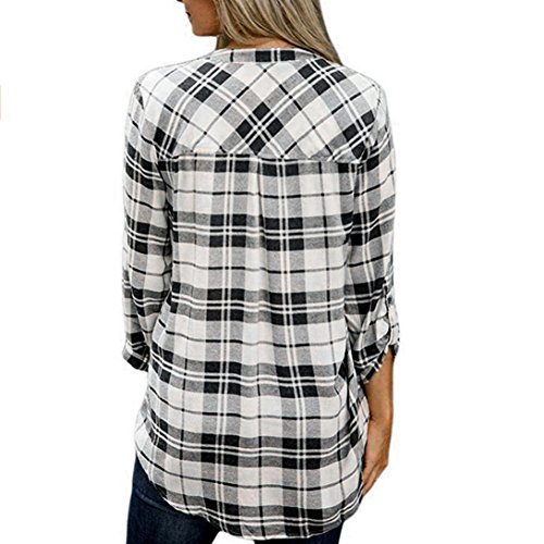 Clearance Deals V-neck Blouse,ZYooh Fashion Women Spring 3/4 Sleeve Plaid Check Shirt Loose Blouse Top (white, XL) - Thumbnail 2