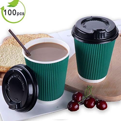 12oz Paper Coffee Cups With Lids and Straws, 100 Pcs Bulex Disposable To Go Coffee Cups Green Paper Cups for Hot Beverages
